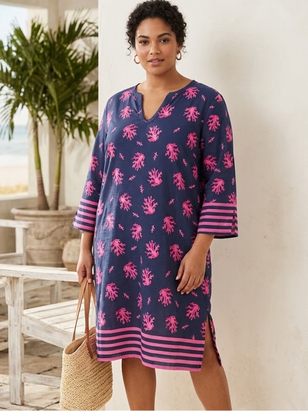 Charlie Paige Cotton Tunic Dress Coastal Pink Coral Print Split V-Neck L/XL